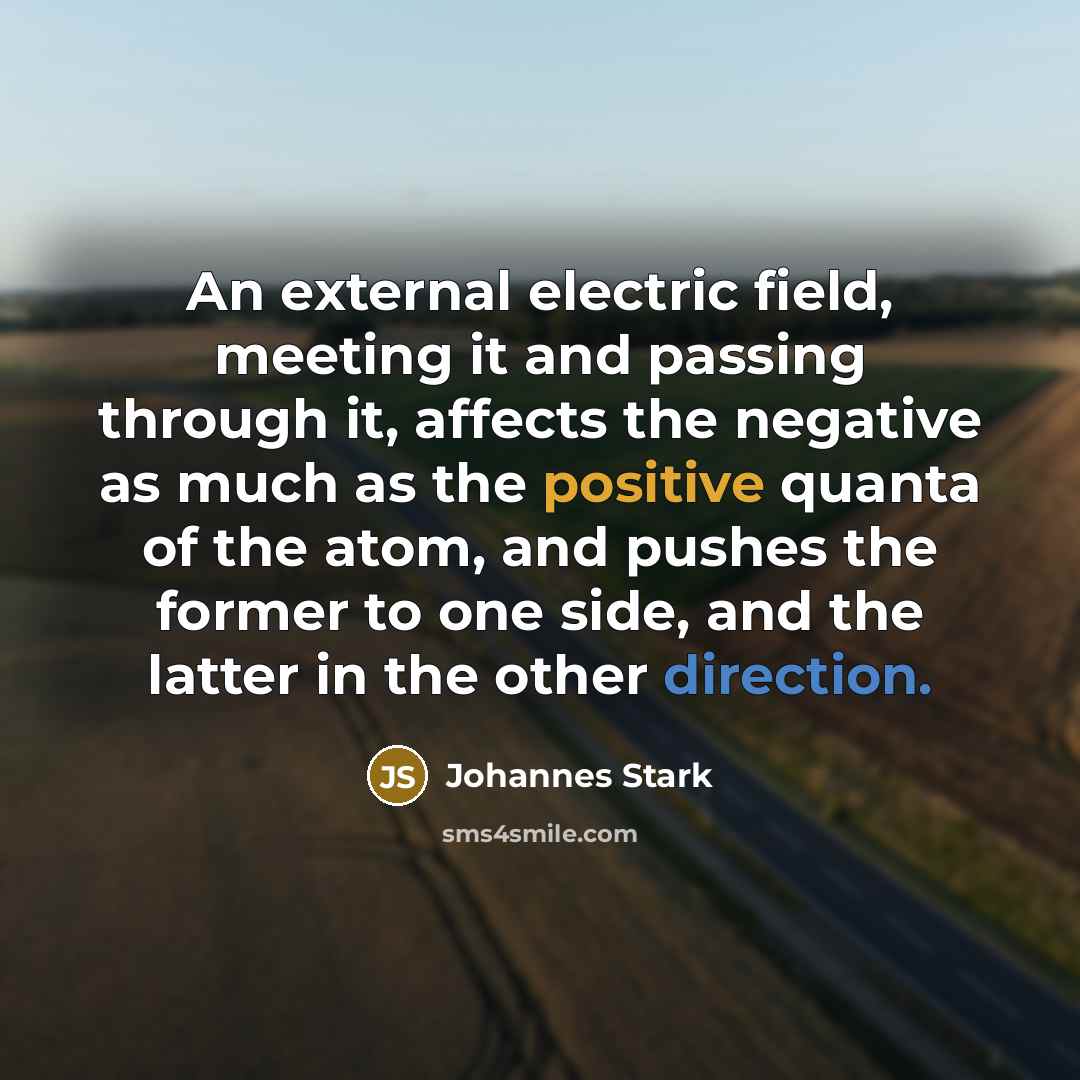 “An external electric field, meeting it and passing through it, affects the negative as much as the positive quanta of the atom, and pushes the former to one side, and the latter in the other direction.” quote by Johannes Stark