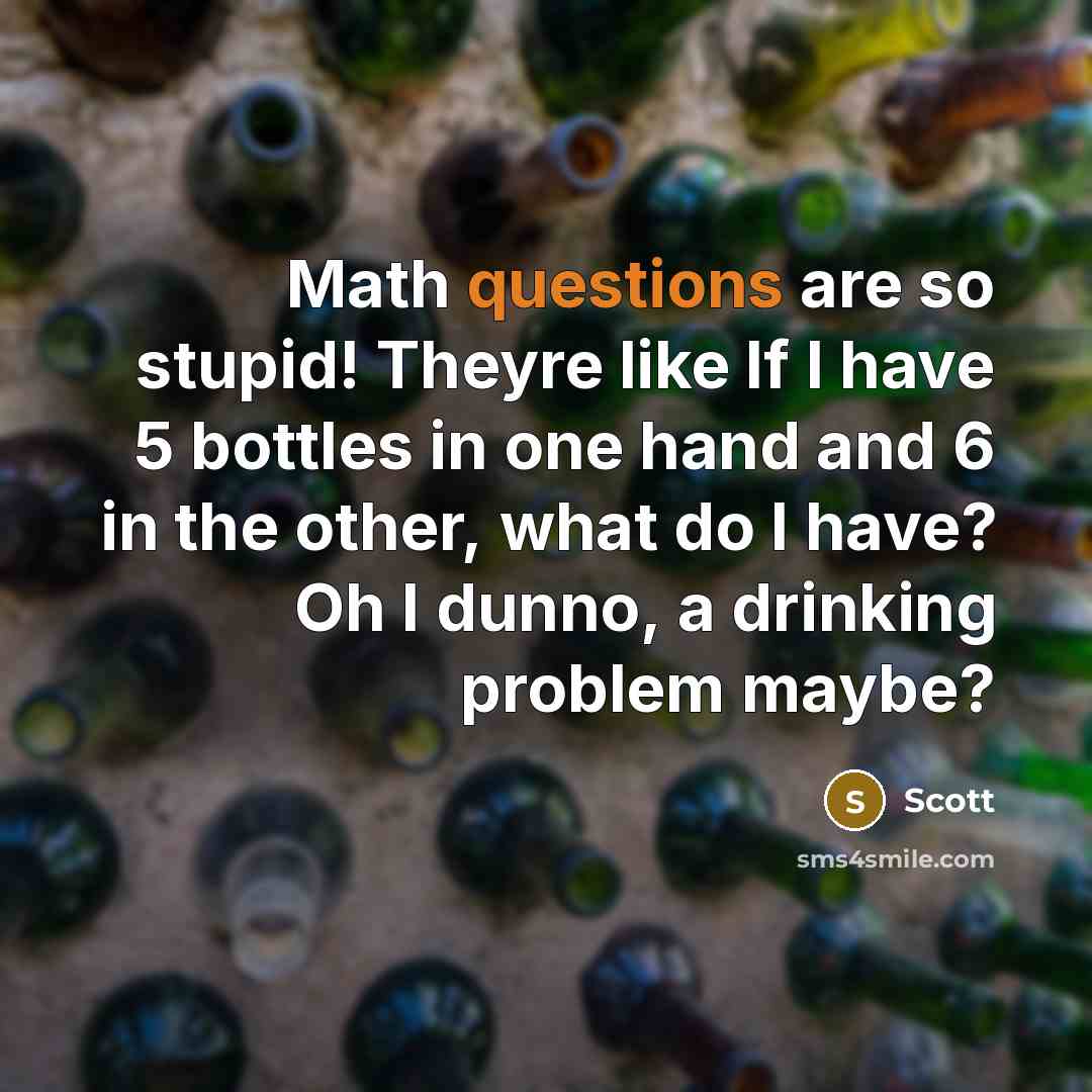 “Math questions are so stupid! Theyre like If I have 5 bottles in one hand and 6 in the other, what do I have? Oh I dunno, a drinking problem maybe?” quote by Scott