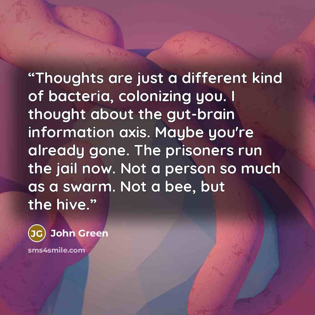 “Thoughts are just a different kind of bacteria, colonizing you. I thought about the gut-brain information axis. Maybe you're already gone. The prisoners run the jail now. Not a person so much as a swarm. Not a bee, but the hive.” quote by John Green