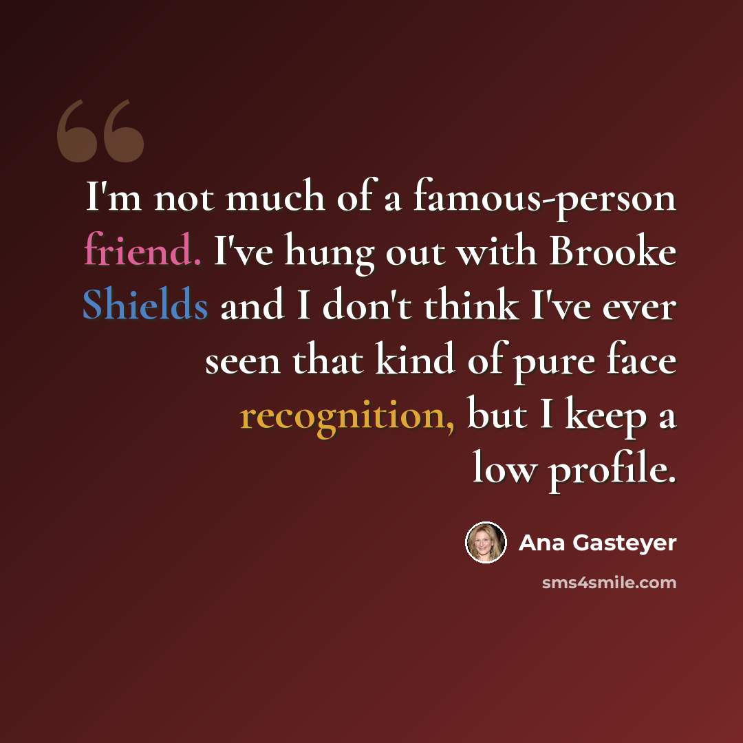 “I'm not much of a famous-person friend. I've hung out with Brooke Shields and I don't think I've ever seen that kind of pure face recognition, but I keep a low profile.” quote by Ana Gasteyer