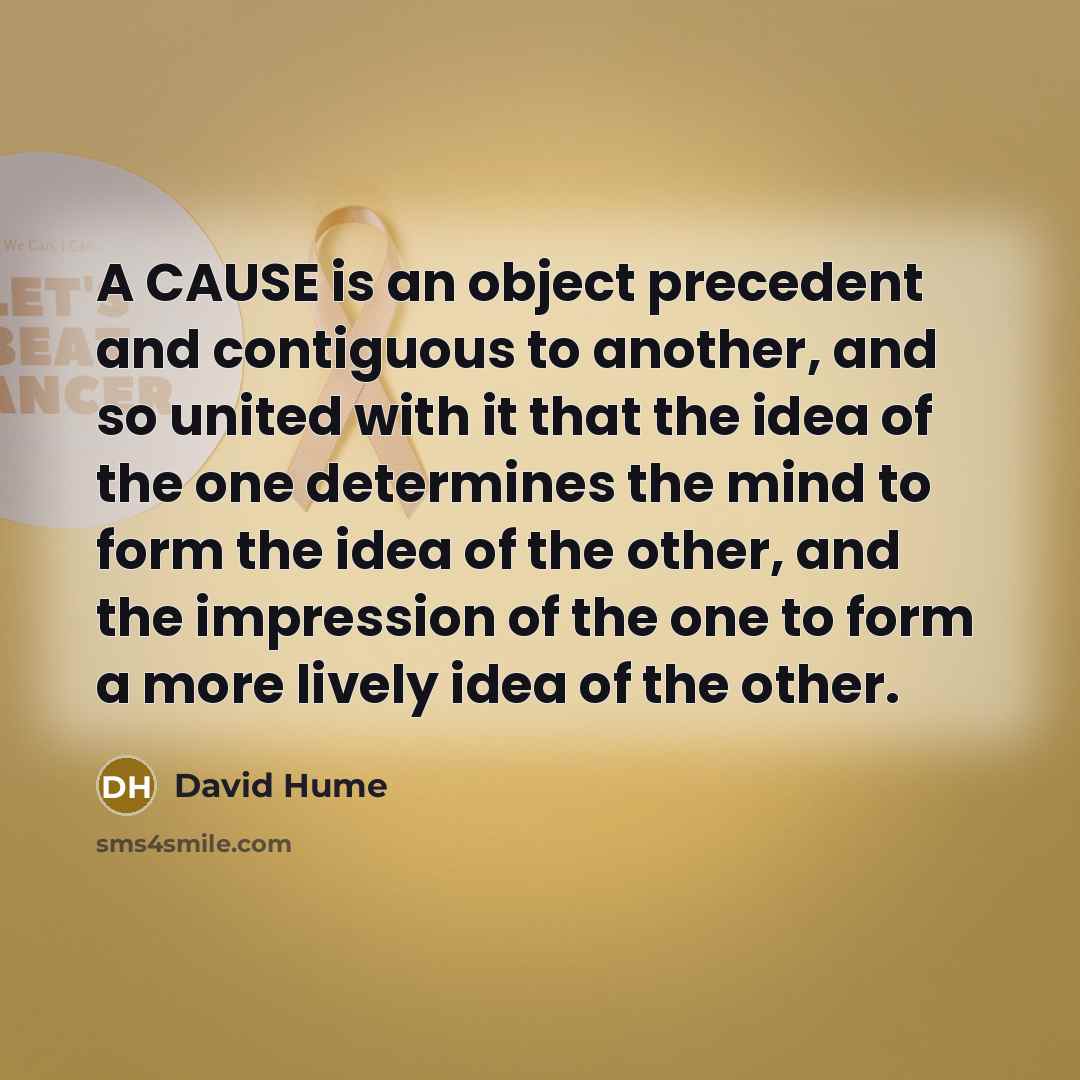 “A CAUSE is an object precedent and contiguous to another, and so united with it that the idea of the one determines the mind to form the idea of the other, and the impression of the one to form a more lively idea of the other.” quote by David Hume
