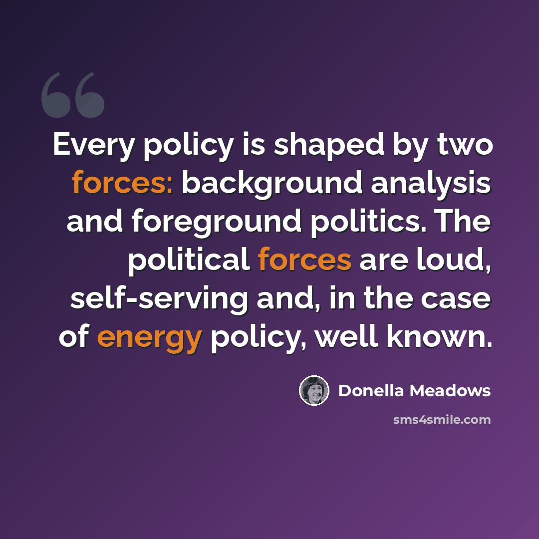 “Every policy is shaped by two forces: background analysis and foreground politics. The political forces are loud, self-serving and, in the case of energy policy, well known.” quote by Donella Meadows