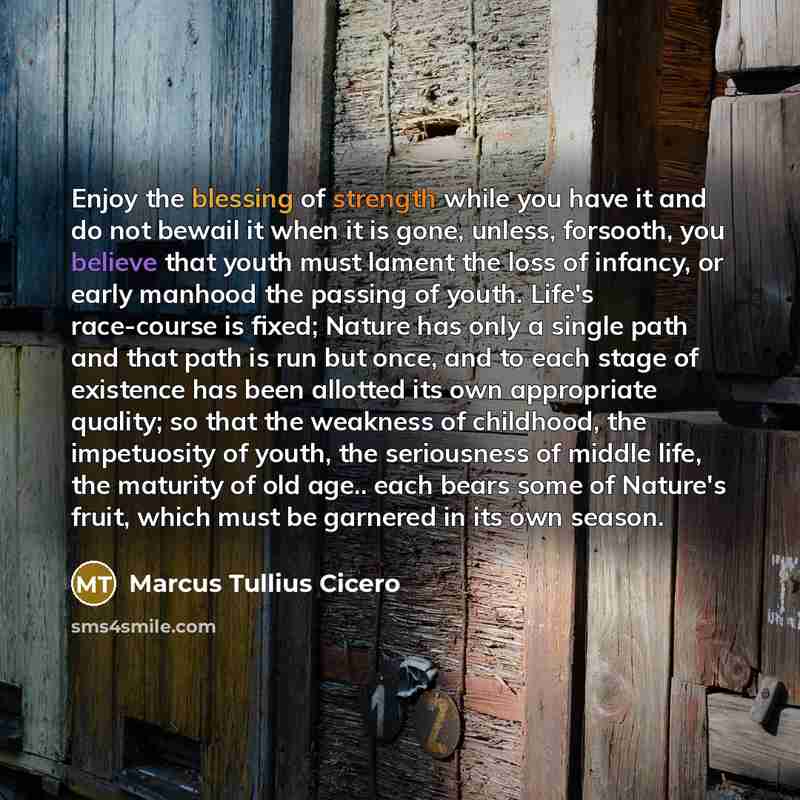 “Enjoy the blessing of strength while you have it and do not bewail it when it is gone, unless, forsooth, you believe that youth must lament the loss of infancy, or early manhood the passing of youth. Life's race-course is fixed; Nature has only a single path and that path is run but once, and to…” quote by Marcus Tullius Cicero