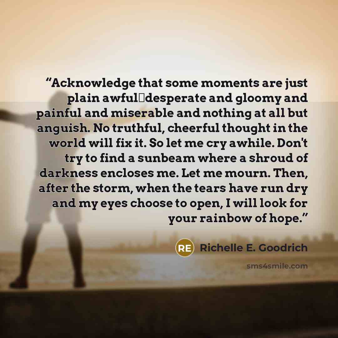 “Acknowledge that some moments are just plain awful―desperate and gloomy and painful and miserable and nothing at all but anguish. No truthful, cheerful thought in the world will fix it. So let me cry awhile. Don't try to find a sunbeam where a shroud of darkness encloses me. Let me mourn. Then…” quote by Richelle E. Goodrich