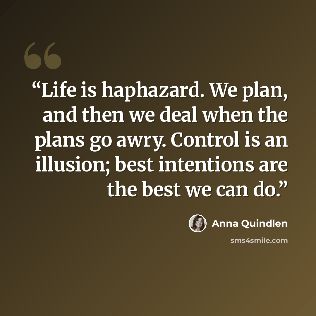 “Life is haphazard. We plan, and then we deal when the plans go awry. Control is an illusion; best intentions are the best we can do.” quote by Anna Quindlen