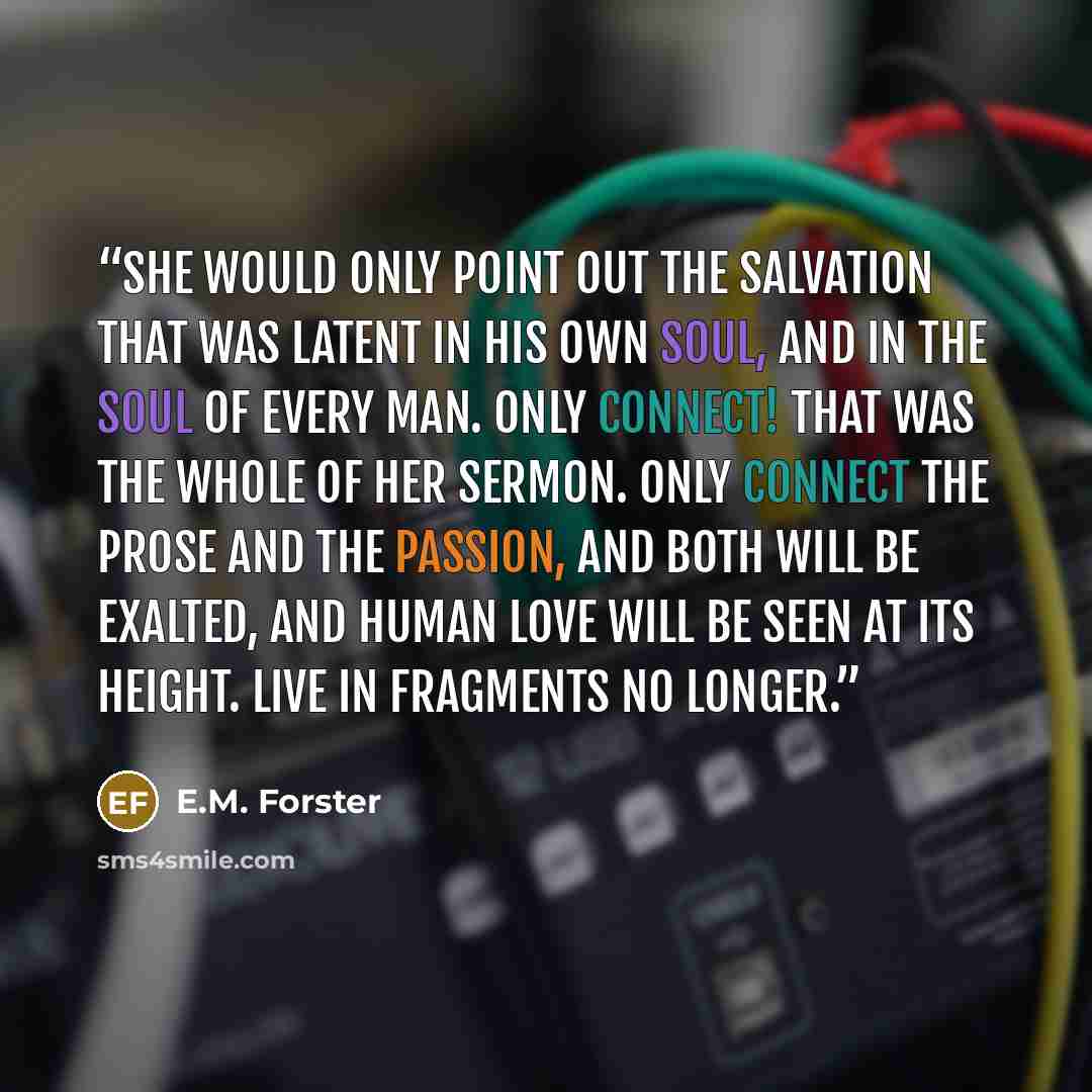 “She would only point out the salvation that was latent in his own soul, and in the soul of every man. Only connect! That was the whole of her sermon. Only connect the prose and the passion, and both will be exalted, and human love will be seen at its height. Live in fragments no longer.” quote by E.M. Forster