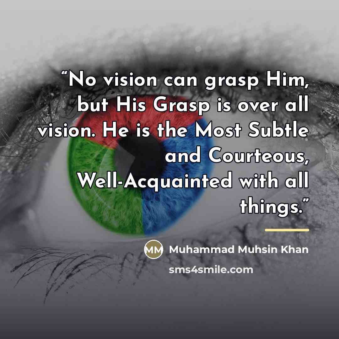 “No vision can grasp Him, but His Grasp is over all vision. He is the Most Subtle and Courteous, Well-Acquainted with all things.” quote by Muhammad Muhsin Khan