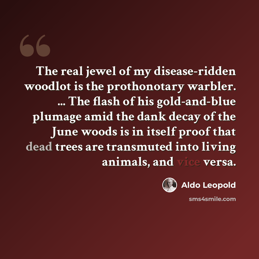 “The real jewel of my disease-ridden woodlot is the prothonotary warbler. ... The flash of his gold-and-blue plumage amid the dank decay of the June woods is in itself proof that dead trees are transmuted into living animals, and vice versa.” quote by Aldo Leopold