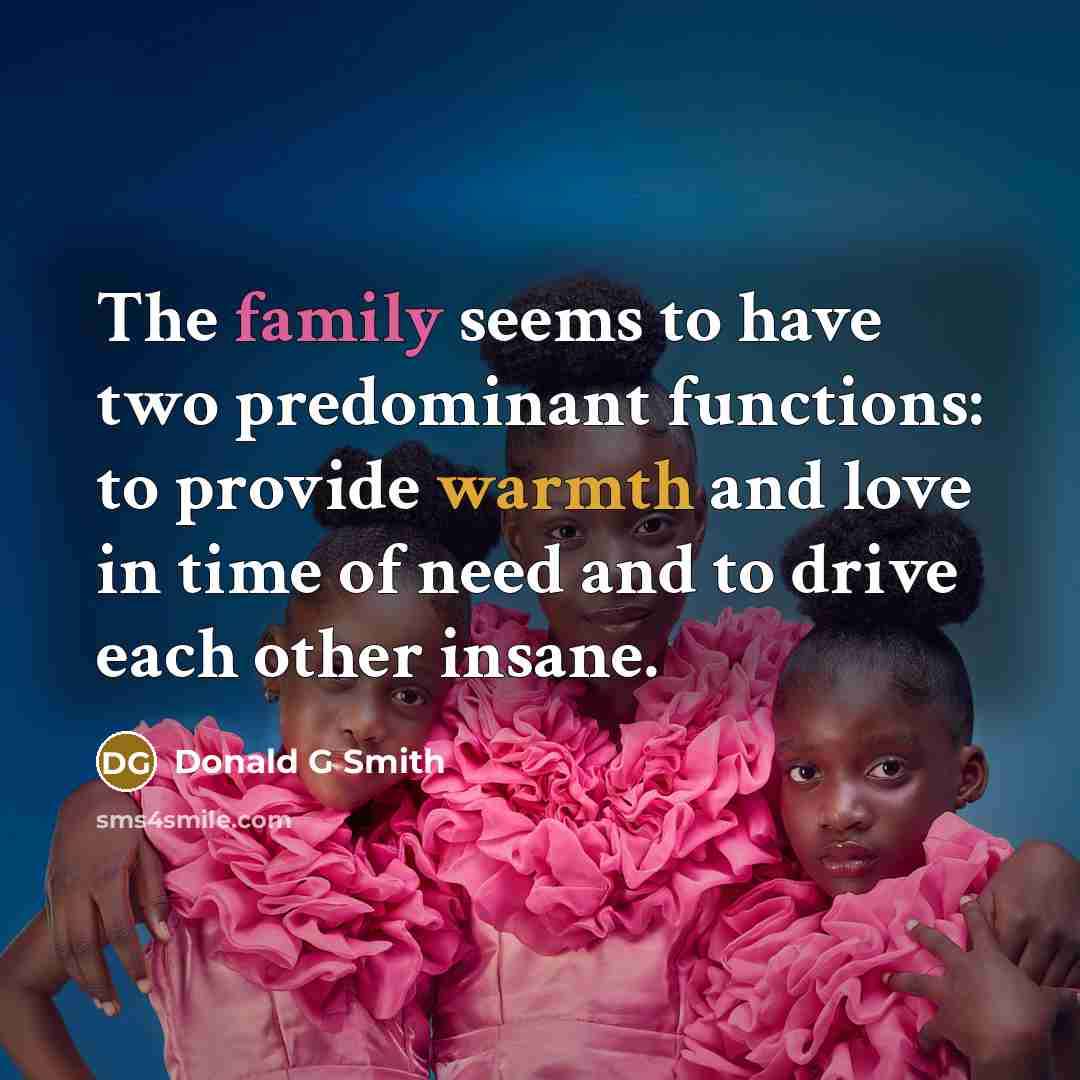 “The family seems to have two predominant functions: to provide warmth and love in time of need and to drive each other insane.” quote by Donald G Smith
