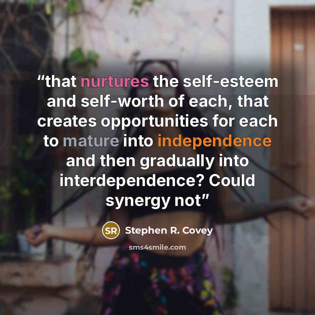 “that nurtures the self-esteem and self-worth of each, that creates opportunities for each to mature into independence and then gradually into interdependence? Could synergy not” quote by Stephen R. Covey