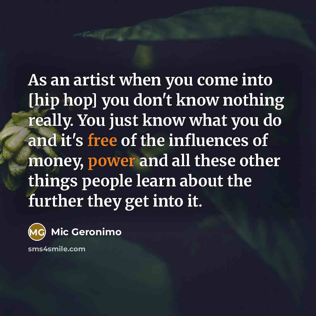 “As an artist when you come into [hip hop] you don't know nothing really. You just know what you do and it's free of the influences of money, power and all these other things people learn about the further they get into it.” quote by Mic Geronimo