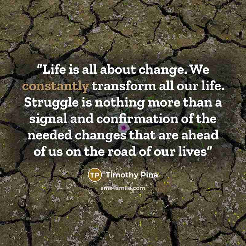 “Life is all about change. We constantly transform all our life. Struggle is nothing more than a signal and confirmation of the needed changes that are ahead of us on the road of our lives” quote by Timothy Pina