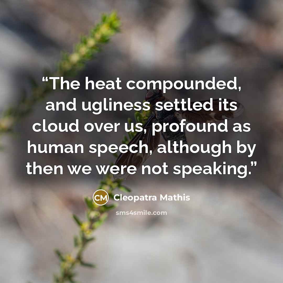 “The heat compounded, and ugliness settled its cloud over us, profound as human speech, although by then we were not speaking.” quote by Cleopatra Mathis