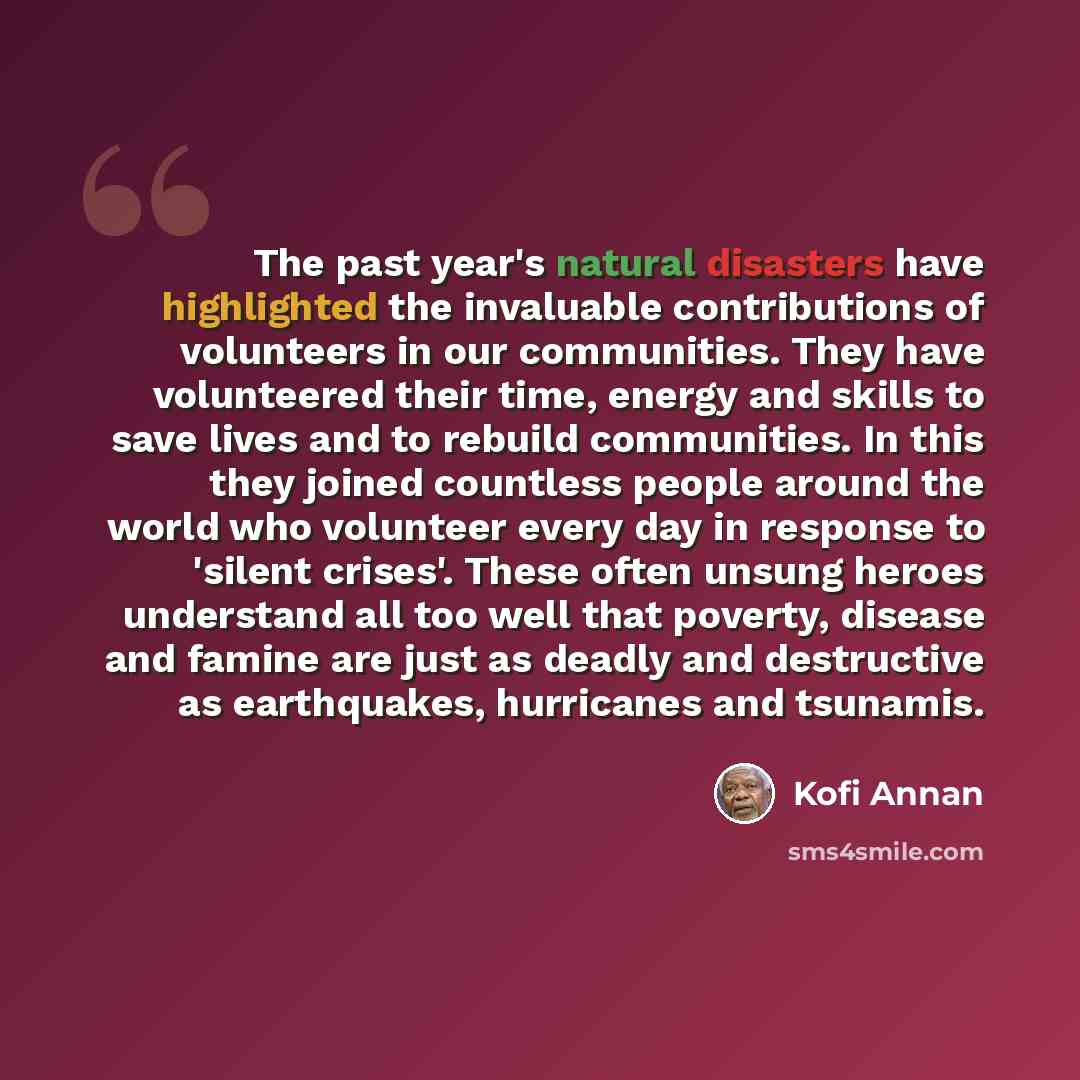 “The past year's natural disasters have highlighted the invaluable contributions of volunteers in our communities. They have volunteered their time, energy and skills to save lives and to rebuild communities. In this they joined countless people around the world who volunteer every day in response…” quote by Kofi Annan