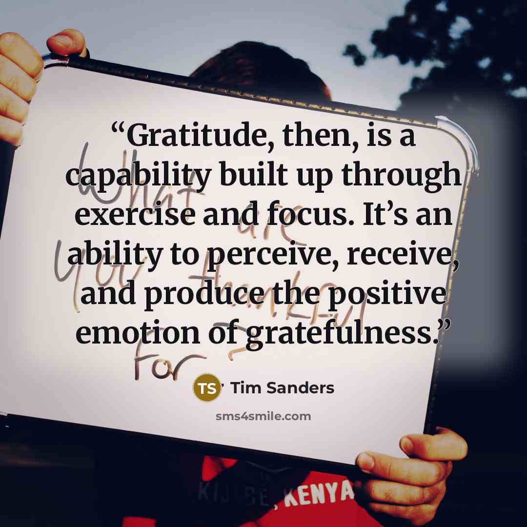 “Gratitude, then, is a capability built up through exercise and focus. It’s an ability to perceive, receive, and produce the positive emotion of gratefulness.” quote by Tim Sanders