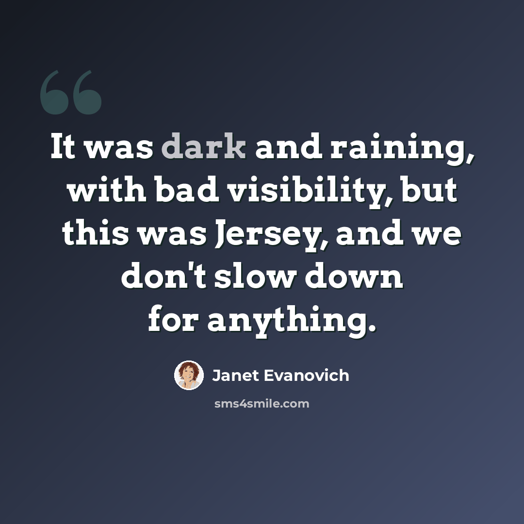 “It was dark and raining, with bad visibility, but this was Jersey, and we don't slow down for anything.” quote by Janet Evanovich