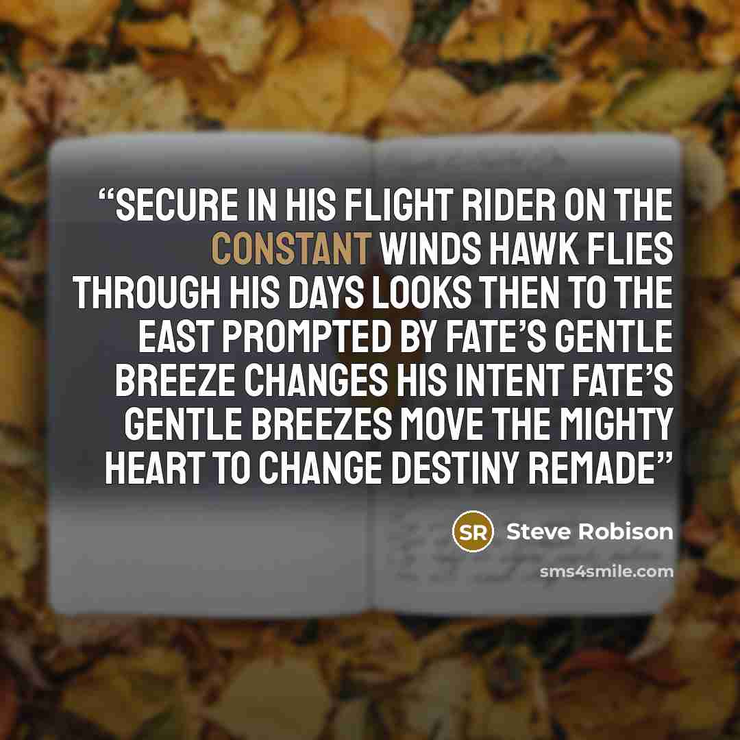 “Secure in his flight Rider on the constant winds Hawk flies through his days Looks then to the east Prompted by fate’s gentle breeze Changes his intent Fate’s gentle breezes Move the mighty heart to change Destiny remade” quote by Steve Robison