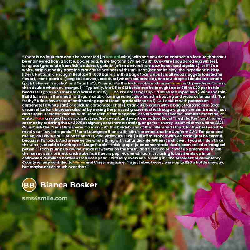 “There is no fault that can’t be corrected [in natural wine] with one powder or another; no feature that can’t be engineered from a bottle, box, or bag. Wine too tannic? Fine it with Ovo-Pure (powdered egg whites), isinglass (granulate from fish bladders), gelatin (often derived from cow bones and…” quote by Bianca Bosker