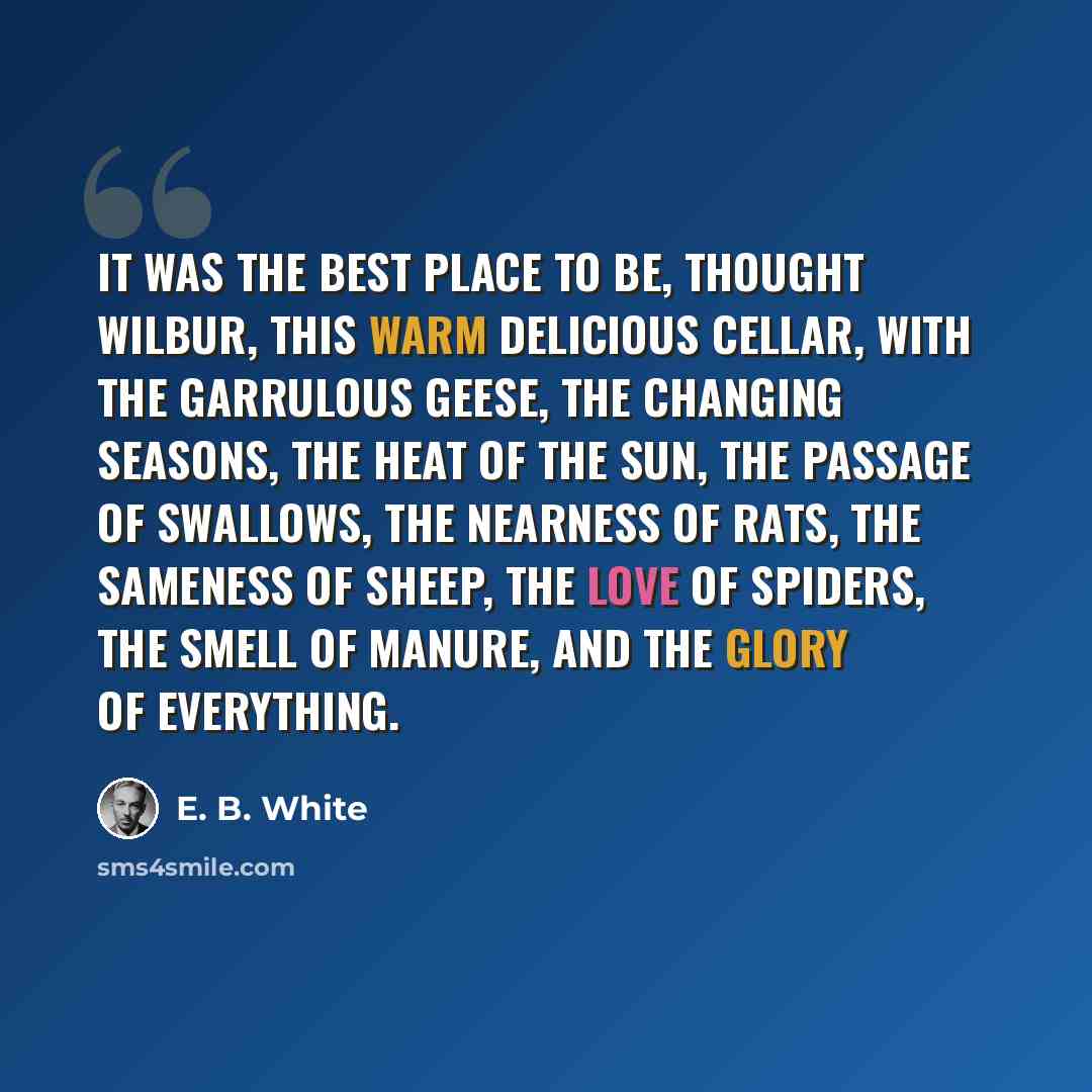 “It was the best place to be, thought Wilbur, this warm delicious cellar, with the garrulous geese, the changing seasons, the heat of the sun, the passage of swallows, the nearness of rats, the sameness of sheep, the love of spiders, the smell of manure, and the glory of everything.” quote by E. B. White