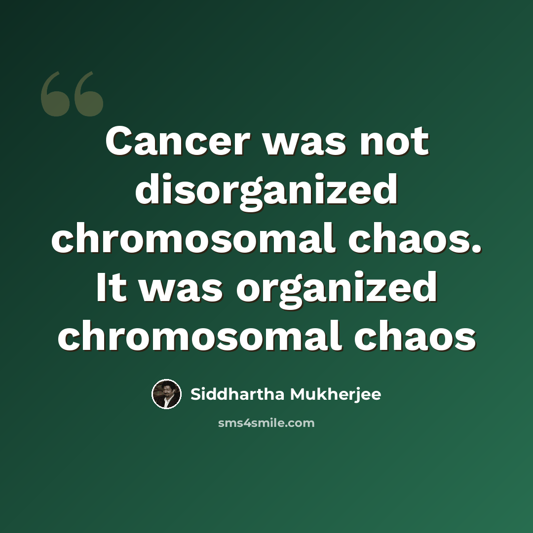 “Cancer was not disorganized chromosomal chaos. It was organized chromosomal chaos” quote by Siddhartha Mukherjee