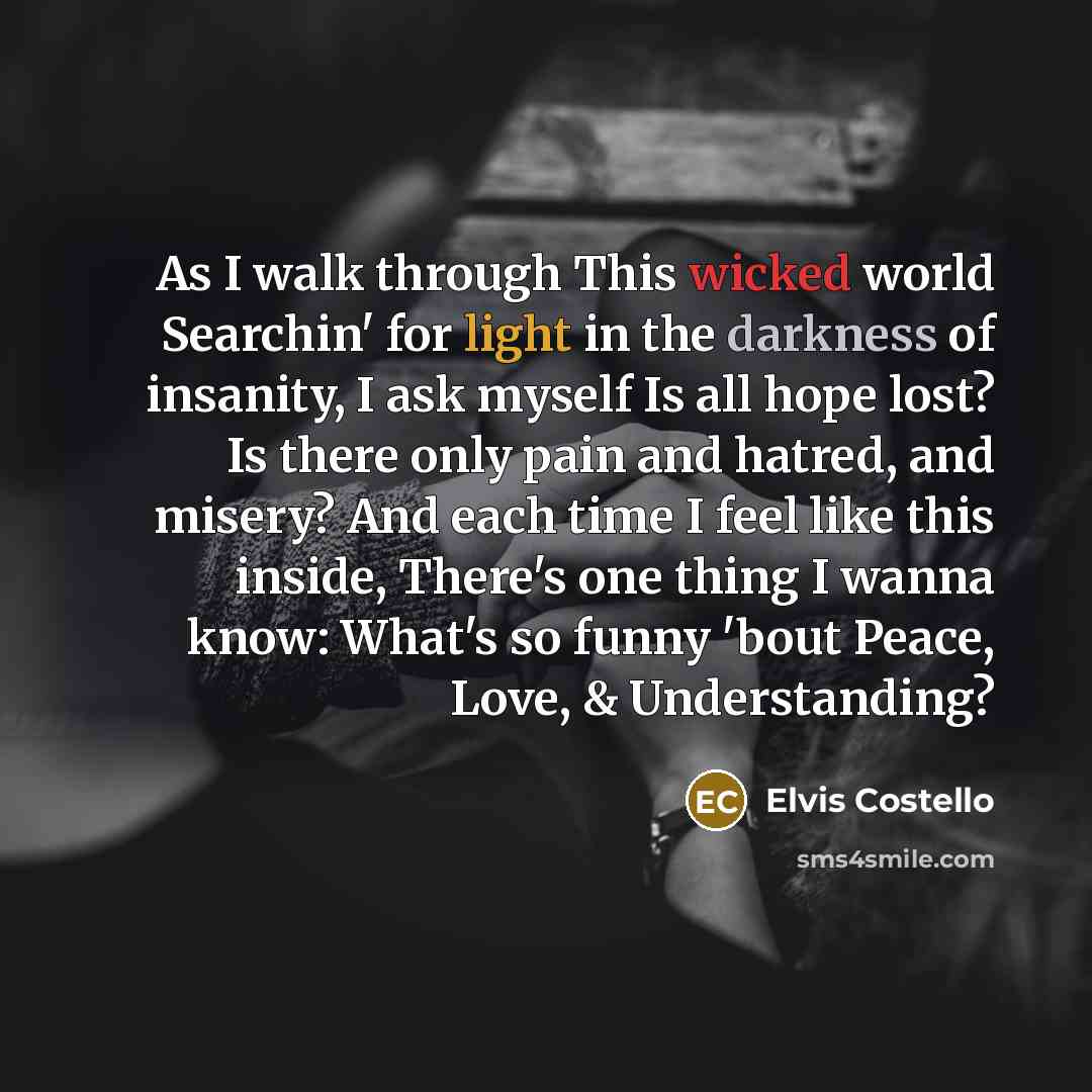 “As I walk through This wicked world Searchin' for light in the darkness of insanity, I ask myself Is all hope lost? Is there only pain and hatred, and misery? And each time I feel like this inside, There's one thing I wanna know: What's so funny 'bout Peace, Love, & Understanding?” quote by Elvis Costello