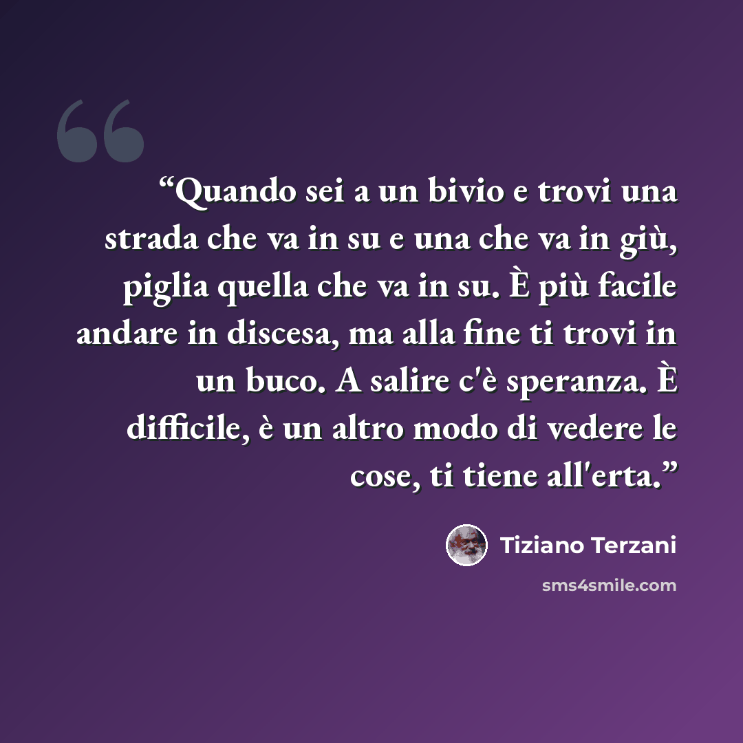 “Quando sei a un bivio e trovi una strada che va in su e una che va in giù, piglia quella che va in su. È più facile andare in discesa, ma alla fine ti trovi in un buco. A salire c'è speranza. È difficile, è un altro modo di vedere le cose, ti tiene all'erta.” quote by Tiziano Terzani