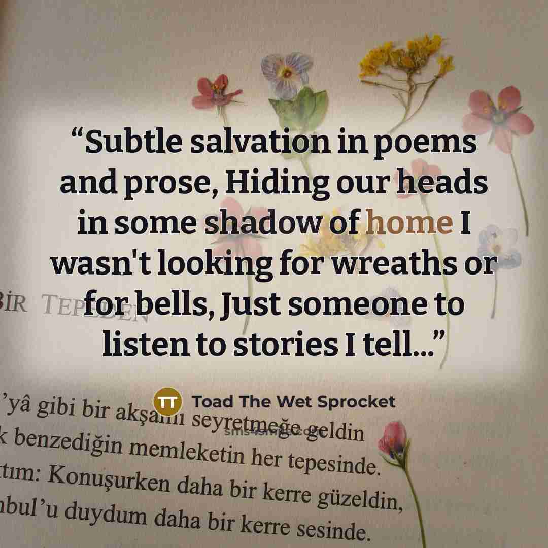 “Subtle salvation in poems and prose, Hiding our heads in some shadow of home I wasn't looking for wreaths or for bells, Just someone to listen to stories I tell...” quote by Toad The Wet Sprocket