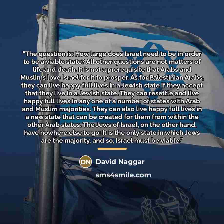 “The question is: How large does Israel need to be in order to be a viable state? All other questions are not matters of life and death. It is not a prerequisite that Arabs and Muslims love Israel for it to prosper. As for Palestinian Arabs, they can live happy full lives in a Jewish state if they…” quote by David Naggar