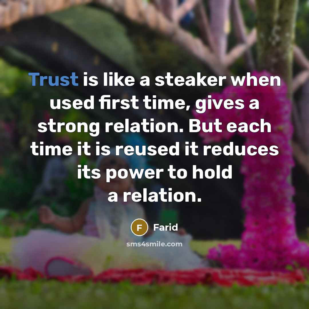 “Trust is like a steaker when used first time, gives a strong relation. But each time it is reused it reduces its power to hold a relation.” quote by Farid