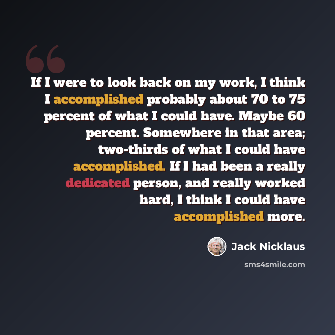 “If I were to look back on my work, I think I accomplished probably about 70 to 75 percent of what I could have. Maybe 60 percent. Somewhere in that area; two-thirds of what I could have accomplished. If I had been a really dedicated person, and really worked hard, I think I could have accomplished…” quote by Jack Nicklaus