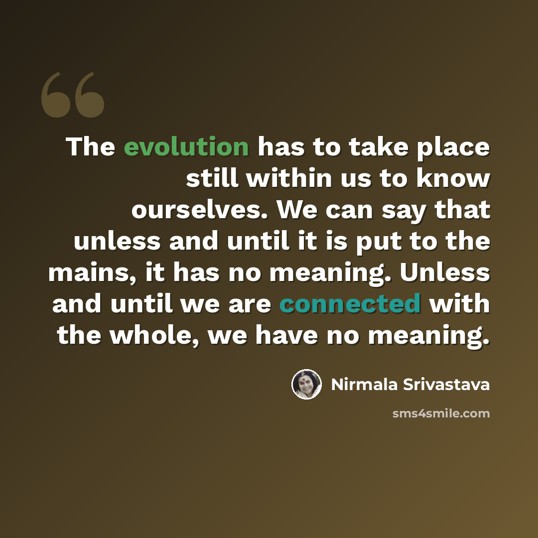 “The evolution has to take place still within us to know ourselves. We can say that unless and until it is put to the mains, it has no meaning. Unless and until we are connected with the whole, we have no meaning.” quote by Nirmala Srivastava