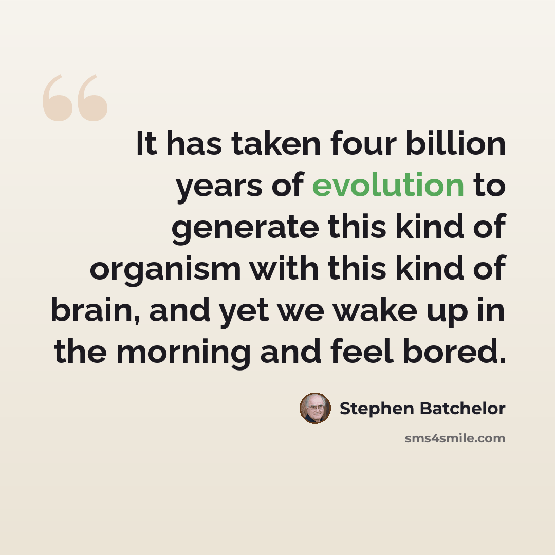“It has taken four billion years of evolution to generate this kind of organism with this kind of brain, and yet we wake up in the morning and feel bored.” quote by Stephen Batchelor