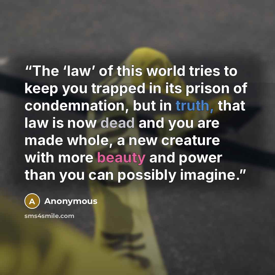 “The ‘law’ of this world tries to keep you trapped in its prison of condemnation, but in truth, that law is now dead and you are made whole, a new creature with more beauty and power than you can possibly imagine.” quote by Anonymous