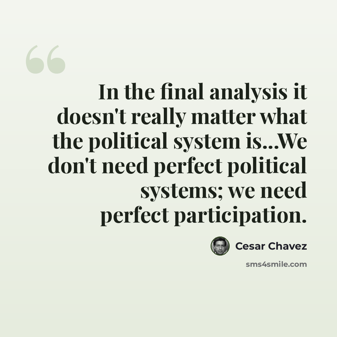 “In the final analysis it doesn't really matter what the political system is...We don't need perfect political systems; we need perfect participation.” quote by Cesar Chavez