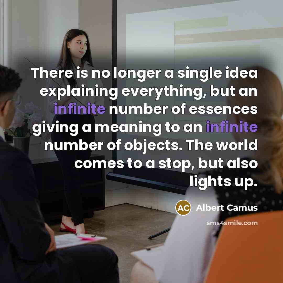“There is no longer a single idea explaining everything, but an infinite number of essences giving a meaning to an infinite number of objects. The world comes to a stop, but also lights up.” quote by Albert Camus
