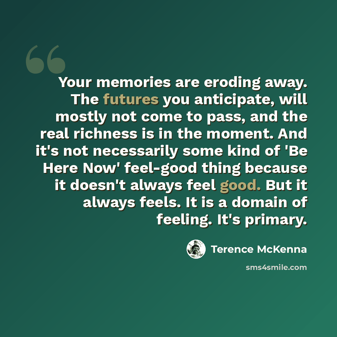 “Your memories are eroding away. The futures you anticipate, will mostly not come to pass, and the real richness is in the moment. And it's not necessarily some kind of 'Be Here Now' feel-good thing because it doesn't always feel good. But it always feels. It is a domain of feeling. It's primary.” quote by Terence McKenna