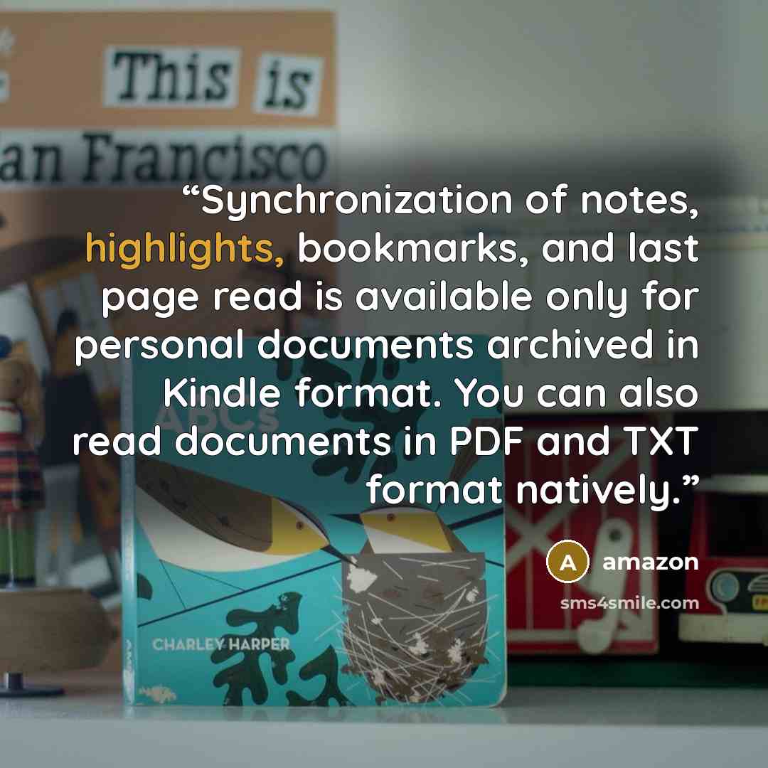 “Synchronization of notes, highlights, bookmarks, and last page read is available only for personal documents archived in Kindle format. You can also read documents in PDF and TXT format natively.” quote by Amazon
