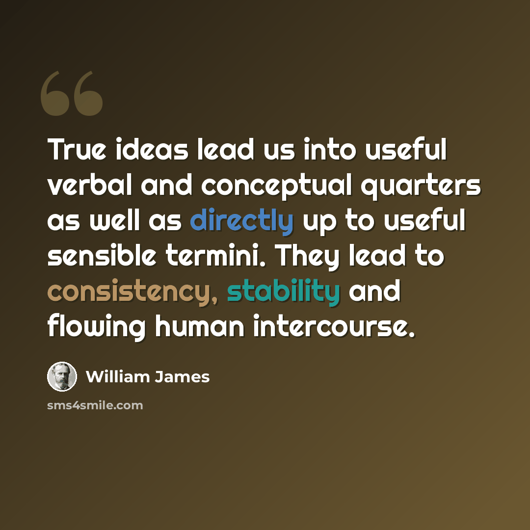 “True ideas lead us into useful verbal and conceptual quarters as well as directly up to useful sensible termini. They lead to consistency, stability and flowing human intercourse.” quote by William James