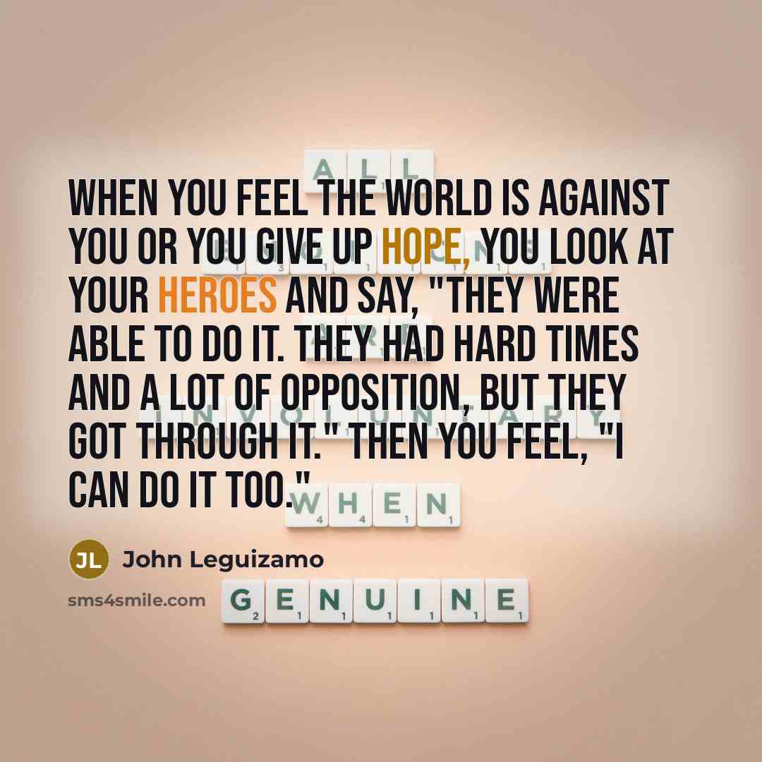 “When you feel the world is against you or you give up hope, you look at your heroes and say, "They were able to do it. They had hard times and a lot of opposition, but they got through it." Then you feel, "I can do it too."” quote by John Leguizamo