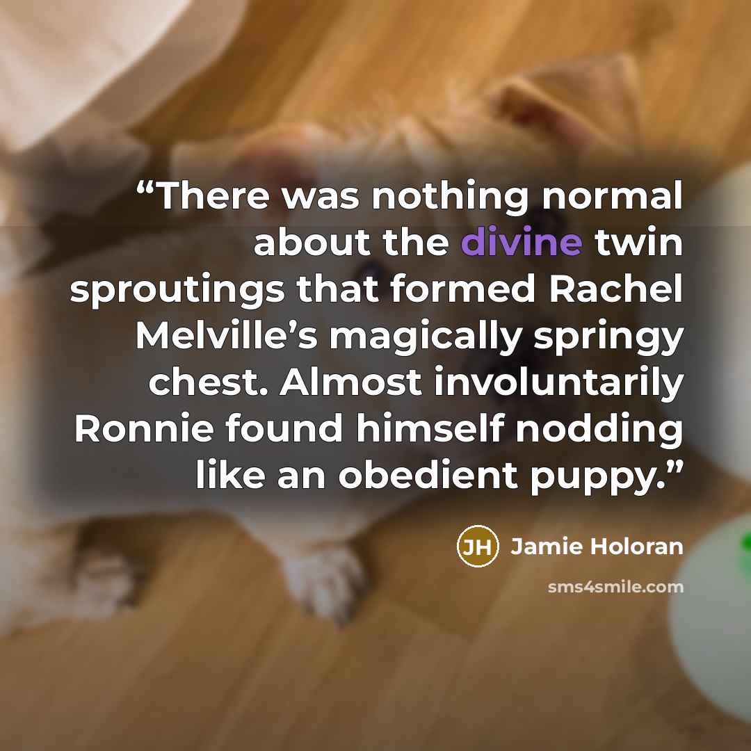 “There was nothing normal about the divine twin sproutings that formed Rachel Melville’s magically springy chest. Almost involuntarily Ronnie found himself nodding like an obedient puppy.” quote by Jamie Holoran