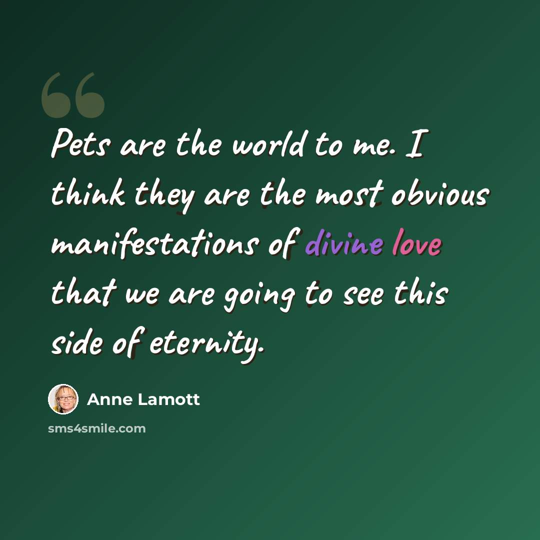 “Pets are the world to me. I think they are the most obvious manifestations of divine love that we are going to see this side of eternity.” quote by Anne Lamott