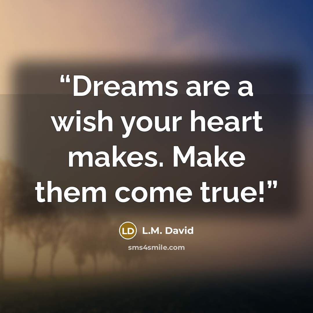 “Dreams are a wish your heart makes. Make them come true!” quote by L.M. David