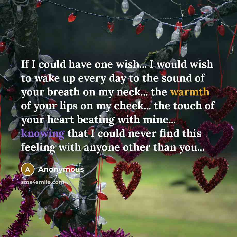 “If I could have one wish... I would wish to wake up every day to the sound of your breath on my neck... the warmth of your lips on my cheek... the touch of your heart beating with mine... knowing that I could never find this feeling with anyone other than you...” quote by Anonymous