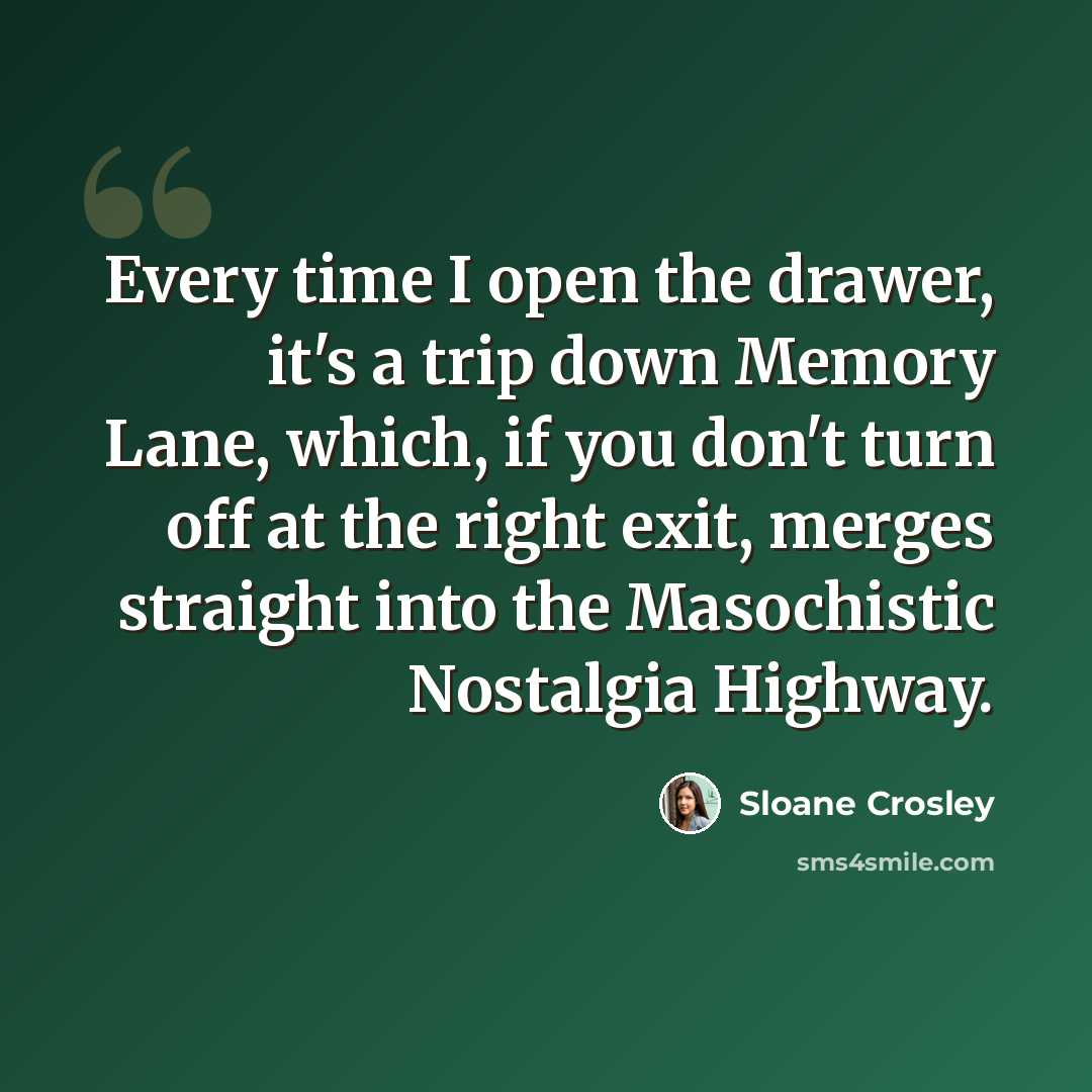 “Every time I open the drawer, it's a trip down Memory Lane, which, if you don't turn off at the right exit, merges straight into the Masochistic Nostalgia Highway.” quote by Sloane Crosley