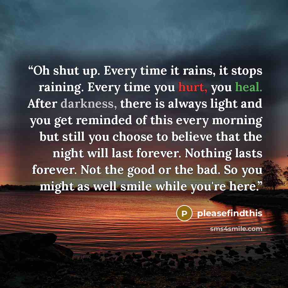 “Oh shut up. Every time it rains, it stops raining. Every time you hurt, you heal. After darkness, there is always light and you get reminded of this every morning but still you choose to believe that the night will last forever. Nothing lasts forever. Not the good or the bad. So you might as well…” quote by pleasefindthis