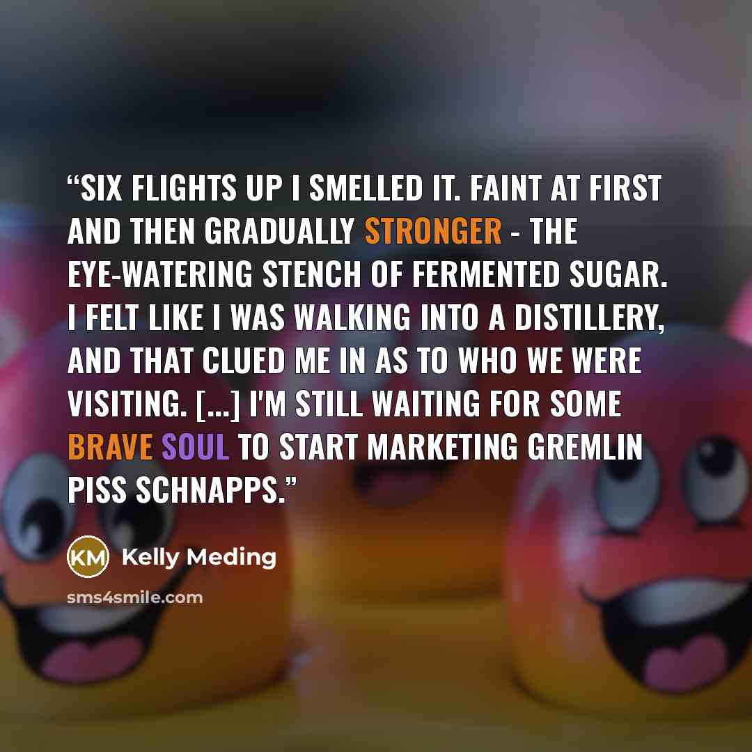 “Six flights up I smelled it. Faint at first and then gradually stronger - the eye-watering stench of fermented sugar. I felt like I was walking into a distillery, and that clued me in as to who we were visiting. [...] I'm still waiting for some brave soul to start marketing Gremlin Piss Schnapps.” quote by Kelly Meding