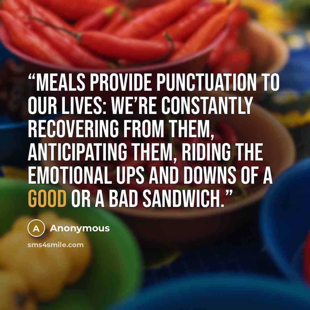 “Meals provide punctuation to our lives: we’re constantly recovering from them, anticipating them, riding the emotional ups and downs of a good or a bad sandwich.” quote by Anonymous