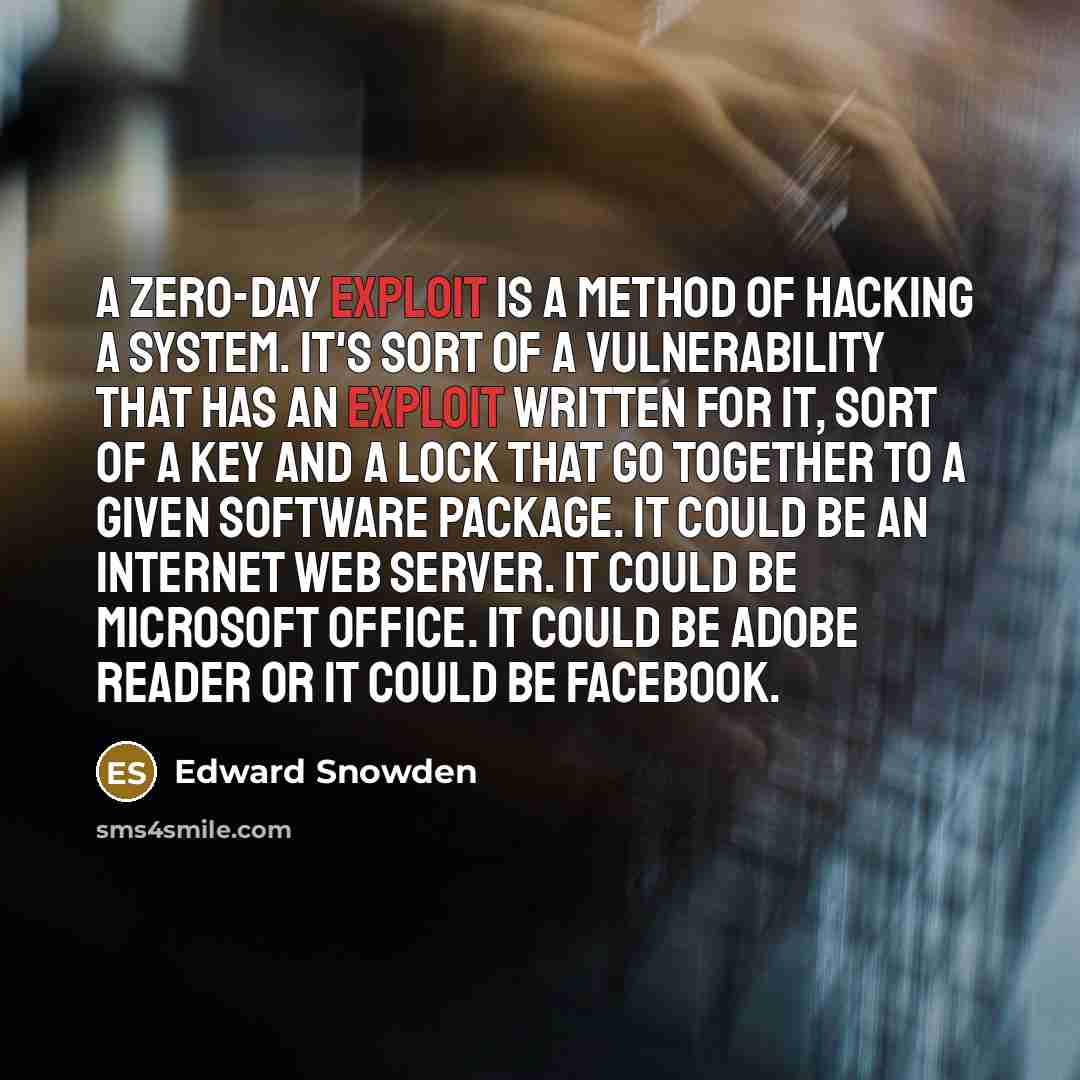 “A zero-day exploit is a method of hacking a system. It's sort of a vulnerability that has an exploit written for it, sort of a key and a lock that go together to a given software package. It could be an internet web server. It could be Microsoft Office. It could be Adobe Reader or it could be…” quote by Edward Snowden