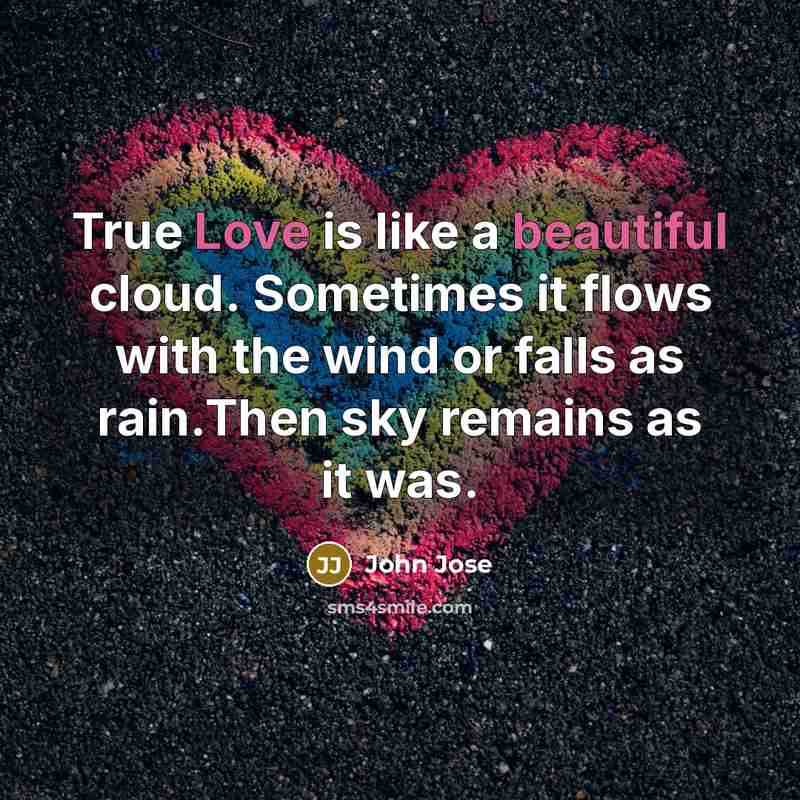 “True Love is like a beautiful cloud. Sometimes it flows with the wind or falls as rain.Then sky remains as it was.” quote by John Jose