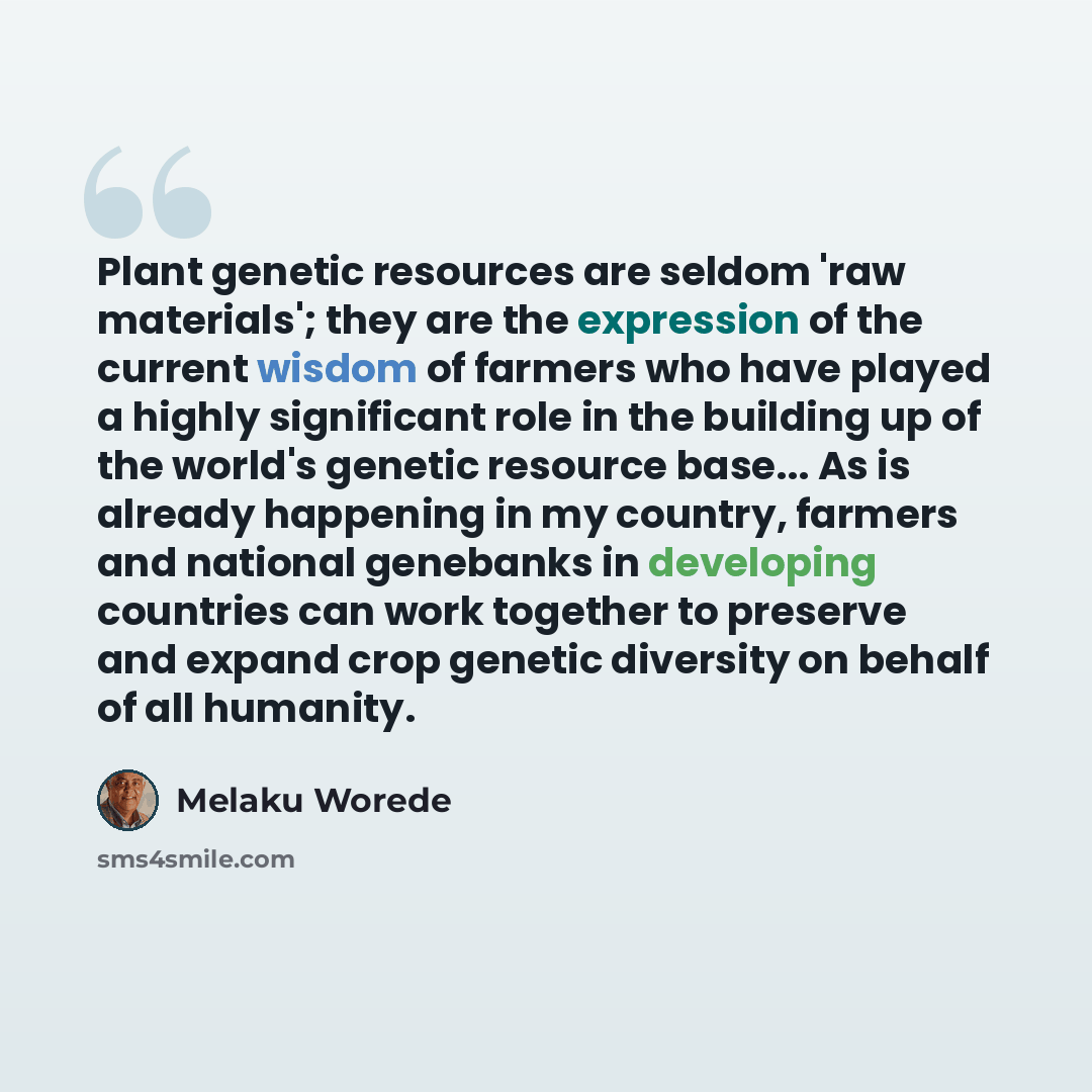 “Plant genetic resources are seldom 'raw materials'; they are the expression of the current wisdom of farmers who have played a highly significant role in the building up of the world's genetic resource base... As is already happening in my country, farmers and national genebanks in developing…” quote by Melaku Worede